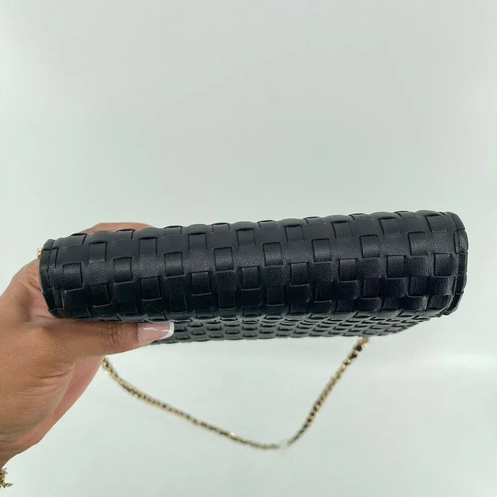 Bebe Yara Woven Vegan Leather Crossbody Bag Black Gold Chain NWT